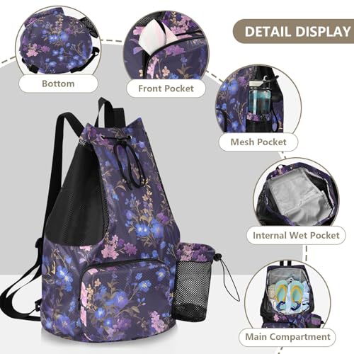 GuoChe Drawstring Backpacks Gym Swim Bag With Inside Pockets Pull String Bag Waterproof Chic Purple Flower - color: Chic Purple Flower