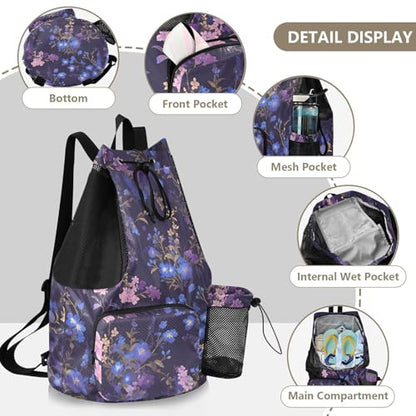 GuoChe Drawstring Backpacks Gym Swim Bag With Inside Pockets Pull String Bag Waterproof Chic Purple Flower - color: Chic Purple Flower