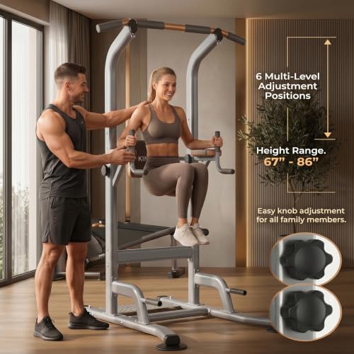 Multi-Function Power Tower Pull Up Bar Station with Pilates Resistance Bands, 450LBS Stable Pull Up Dip Station with Push Up Handles for Home Gym Strength Training Equipment - color: Stealth Grey - Beast Mode All-in-One