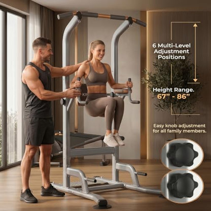 Multi-Function Power Tower Pull Up Bar Station with Pilates Resistance Bands, 450LBS Stable Pull Up Dip Station with Push Up Handles for Home Gym Strength Training Equipment - color: Stealth Grey - Beast Mode All-in-One