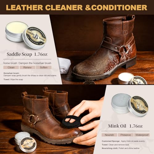 16-in-1 Shoe Polish Kit, Leather Shine Care Cleaning Kit, Black Brown Neutral Shoe Polish, Saddle Soap Mink Oil for Boots, 3 Horsehair Brushes, Sponges, Cloth with Travel Bag, Gift for Men Women