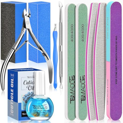 TsMADDTs Nail Manicure Kit with 3 Files, 2 Buffer Blocks, Cuticle Tool with Trimmer, Pusher and Cuticle Oil for Women Nail Care