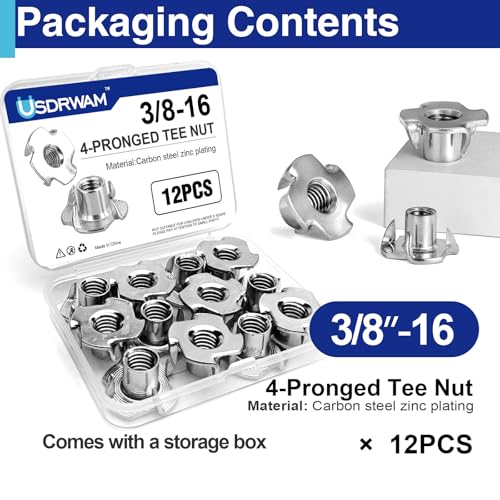 12PCS 3/8"-16 T Nuts for Wood, Zinc-Plated 4-Prong Tee Nuts | Carbon steel construction, Hammer-in installation design - style: 12 PCS 3/8"-16 Size