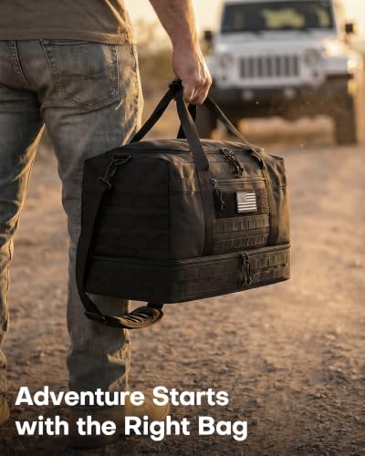 HOTOR Tactical Travel Duffel Bags for Men & Women with MOLLE Toiletry Pouch | 45L, Overnight, Weekender, Gym, Camping, Shoe Compartment, Carry-On Friendly, Versatile, Black, 22.0" x 12.6" x 9.0"