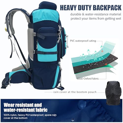 Bseash 70L (65+5) Waterproof Hiking Camping Backpack with Rain Cover, Outdoor Sport Travel Daypack for Climbing Touring (Navy Blue) - color: Navy Blue