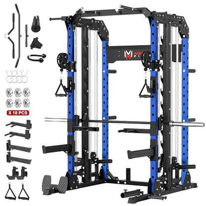 Smith Machine, 2600LBS Squat Rack, 7-in-1 Home Gym Cage with Adjustable Safety Bars, Pull-Up & LAT Pulldown - color: Blue, size: P107 Smith Machine with Pulleys