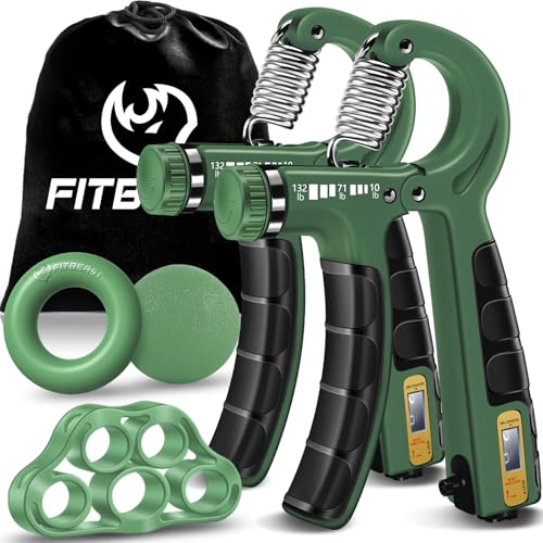 FitBeast Hand Grip Strengthener Workout Kit (5 Pack), 2 Forearm Grip Adjustable Resistance Hand Gripper, Finger Stretcher, Grip Ring & Stress Relief Grip Ball for Athletes - color: Dark Green