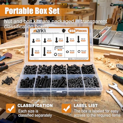 mankk 656PCS M4 Screws Assortment Kit Machine Screws with Nuts Washers M4 x 6/8/10/12/16/20/25/30mm 10.9 Alloy Steel Button Head Socket Cap Screws - size: M4, style: Button Head
