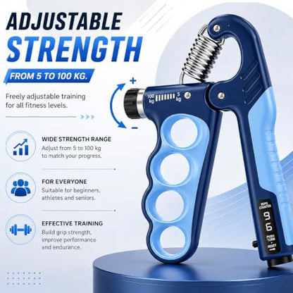 Hand Grip Strengthener Set with Adjustable Resistance 5-100 kg | 3-Piece Training Kit, Forearm Strengthener, Finger Exerciser, Automatic Rep Counter, Injury Recovery