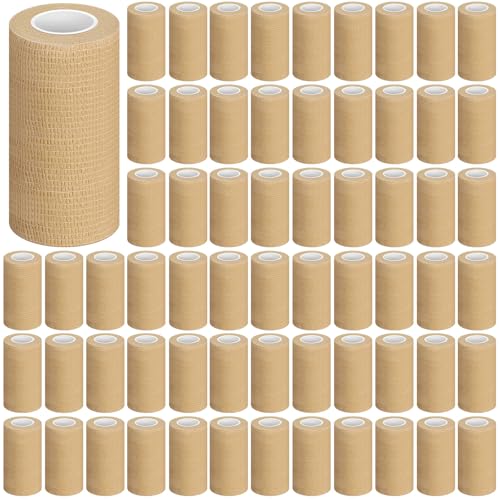 Treela 64 Pack 4" x 5 Yards Self Adhesive Cohesive Bandage Wraps, Elastic Breathable Athletic Tape, Flexible Self Adherent Bandage Rolls for Wrist, Ankle, Fingers, Sports & Pets (Beige) - color: Beige, size: 4 Inch X 5 Yard