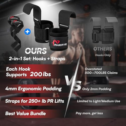 Weight Lifting Hooks & Straps Set, Lifting Hooks with Anti-Slip Grip | Adjustable Wrist Wraps for Weightlifting, Deadlifts, Powerlifting, Gym Straps for Men and Women, Black-Red