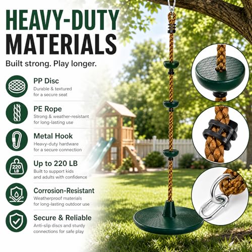 ZENFUN Climbing Rope with Platform and Disc, Tree Swing Seat Set Outdoor Playground Accessories Including Bonus Hanging Strap & Carabiner, Secure Trees House Swings, Gym Backyard, Max Load: 220lb