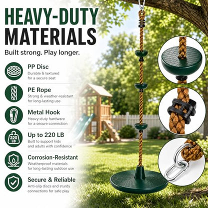 ZENFUN Climbing Rope with Platform and Disc, Tree Swing Seat Set Outdoor Playground Accessories Including Bonus Hanging Strap & Carabiner, Secure Trees House Swings, Gym Backyard, Max Load: 220lb