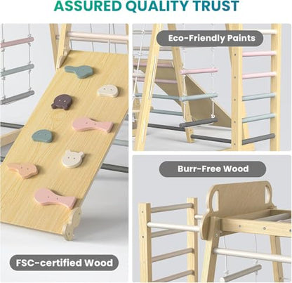 Upgraded Indoor Jungle Gym 9-in-1 Playground Kids Climbing Toys | Waldorf Style Wooden Climber Playset with Slide, Swing, Monkey Bars, Upright/Rope Ladder, Climb Net, Pink - color: Pink