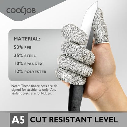 COOLJOB 20-Pack A5 Cut Resistant Finger Cots Full Coverage, Set of 4 - Reusable Anti-Slip Snug-fit Design, Conforms to Men Women Fingers for Work, Kitchen, Garden, Sculpture, Picking, Pruning, S/M - size: Small/Medium