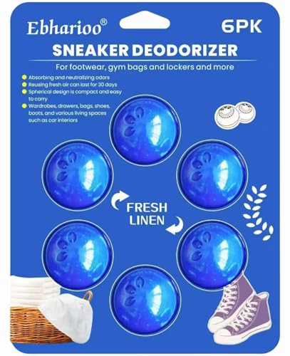 Sneaker Deodorizer Balls Household Deodorizer Strong Essential Oil Odor Eliminator Balls for Shoes, Gym Bags, Lockers & Drawers Closet Air Freshener Closet 6 Pack (Linen)