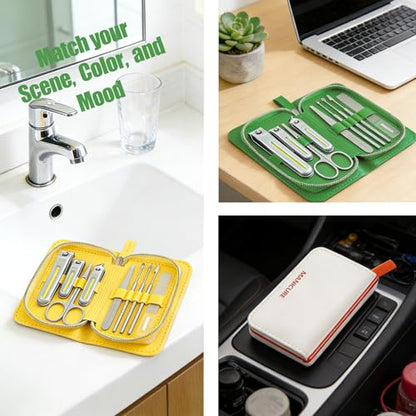 9-in-1 Manicure and Pedicure Kit for Men & Women, Travel Nail Clipper Set with Stainless Steel Tools & Glass Nail File, Portable Grooming Kit in PU Leather Case, Personal Care Gift - color: Green-Silver