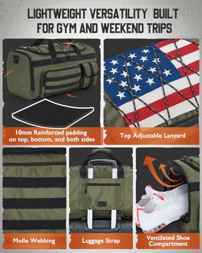 Gonex 45L Tactical Duffel Bag, 3-in-1 Gym & Travel Bag | Shoe compartment, Tactical gear loops, Water-repellent lining, 5 zip pockets, Weekend travel - color: Army Green, size: 45L