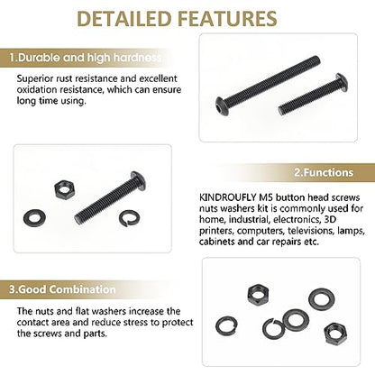 202 Pieces Black M5 x 30/35 /40/45 /50 mm Button Head Socket Cap Screws Nuts Washers Assortment Kit, 10.9 Grade Alloy Steel - size: M5 x 30/35/40/45/50mm, style: Button Head