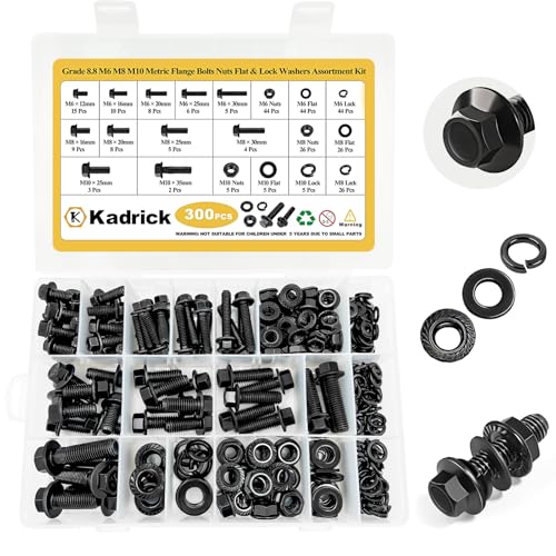Kadrick Metric Flange Bolt Assortment. 300Pcs M6 M8 M10 Bolt Kit,M6 x1.0 M8 x1.25 M10-1.25 (12mm to 35mm) Hex Bolts Nuts and Washers Kit,Black Zinc Plated - size: M6 M8 M10 300Pcs Flange HEX