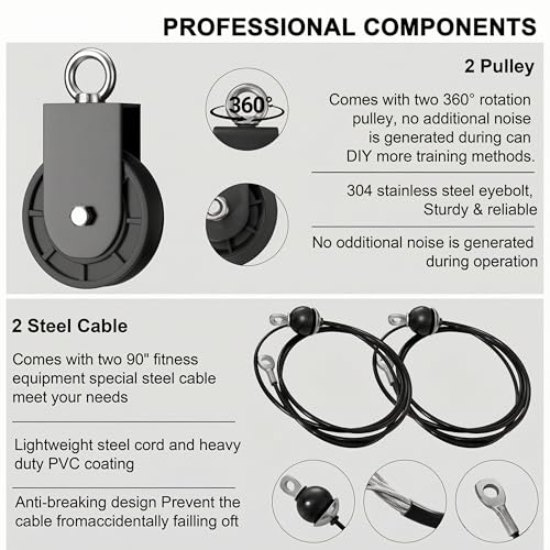 Cable Pulley System for Home Gym, Silent Heavy Duty Pulley Kit Fits 1 & 2" Plates, Tricep Pull Down & Bicep Curl Attachment for Power Racks, 350LBS Capacity Strength Training Equipment