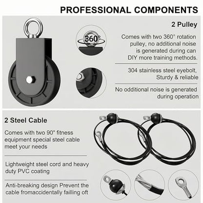 Cable Pulley System for Home Gym, Silent Heavy Duty Pulley Kit Fits 1 & 2" Plates, Tricep Pull Down & Bicep Curl Attachment for Power Racks, 350LBS Capacity Strength Training Equipment