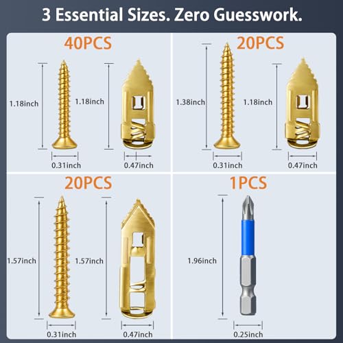 81 PCS Heavy Duty Self Drilling Drywall Anchor Kit (3 Sizes) - Holds 100LBS+ [2025 Upgraded] Metal Wall Anchors with Screws for TV Mounting, Cabinets, Shelves - No Drill Required