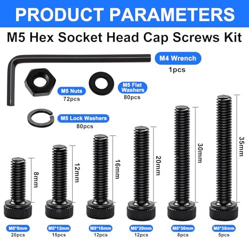 304PCS M5 Screws Kit, M5x8/12/16/20/30/35mm Hex Socket Head Cap Screws Bolts Nuts Washers Kit, 12.9 Grade Alloy Steel Metric Machine Screw for 3D Printing - size: M5 x 8/12/16/20/30/35mm, style: Socket Head