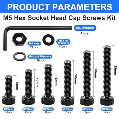 304PCS M5 Screws Kit, M5x8/12/16/20/30/35mm Hex Socket Head Cap Screws Bolts Nuts Washers Kit, 12.9 Grade Alloy Steel Metric Machine Screw for 3D Printing - size: M5 x 8/12/16/20/30/35mm, style: Socket Head