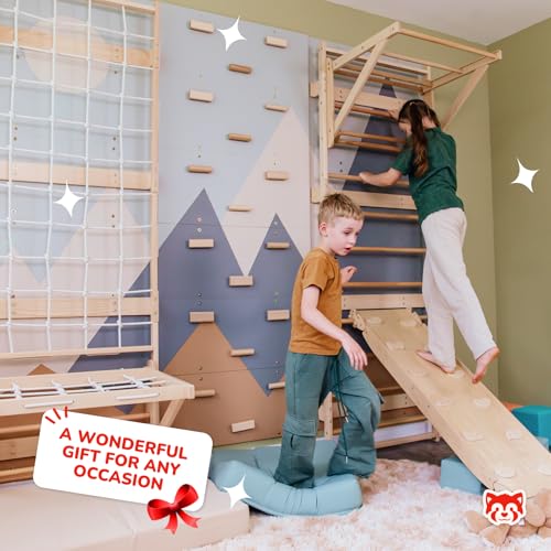 Wood And Hearts 5in1 Modular Swedish Wall Gym Set for Kids Indoor Active Play – Swedish Ladder with Adjustable Pull-Up Bar, Rock Climbing & Indoor Slide (Base Set+2-Sided Ramp with Mat+Sit-Up Bar) - style: Base Set + 2-Sided Ramp with Mat + Sit-Up Bar