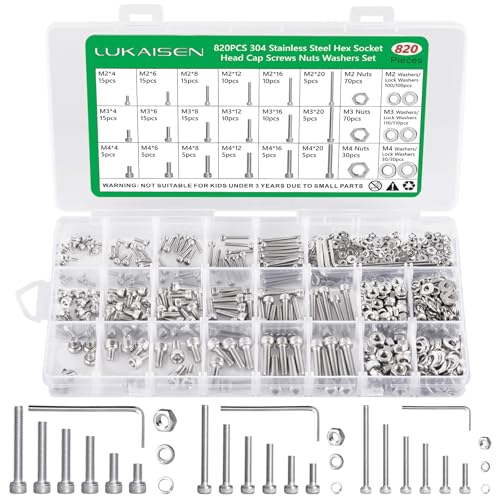 820Pcs Screw Assortment Kit, M2-M4 Stainless Steel Hex Socket Cap Bolts | With Nuts & Flat Washers & Lock Washers & Wrench, Corrosion Resistant, Length 4-20mm, for 3D Printing, DIY, Home - size: SS M2 M3 M4 820pcs 3