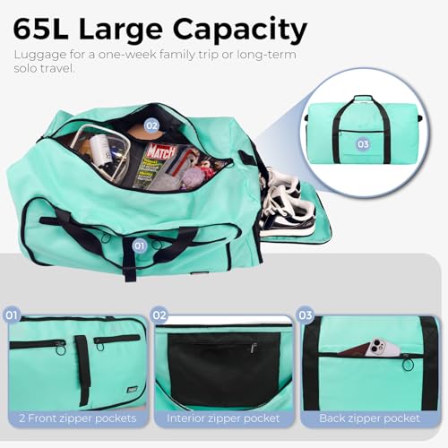 Fmeida 65L Duffle Bag with Shoes Compartment, Foldable Travel Duffel Bags for Men Women, Large Packable Travel Bag Water Repellent & Tear Resistant (Mint Green) - color: Glossy Mint Green