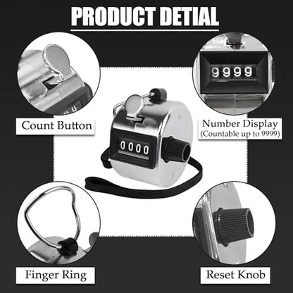 GDMINLO Metal Hand Tally Clicker Counter, 4-Digit Number Count Clicker with Metal Case Mechanical Counter for Coaching, Knitting, Lap, Fishing, Golf and Row with 2-Nylon Lanyard,Silver