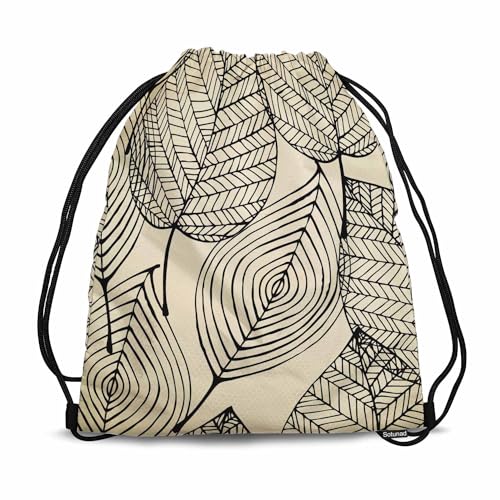 Drawstring Backpack Bag Black Texture Leaf Autumn Beige Seamless Stylized Leaf Pattern Lightweight Backpack Soccer Ball Bag Sutiable for Sports Beach Short Travel Stroage 14x16.9 Inch - color: Black Texture Leaf