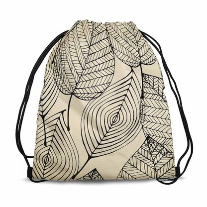 Drawstring Backpack Bag Black Texture Leaf Autumn Beige Seamless Stylized Leaf Pattern Lightweight Backpack Soccer Ball Bag Sutiable for Sports Beach Short Travel Stroage 14x16.9 Inch - color: Black Texture Leaf