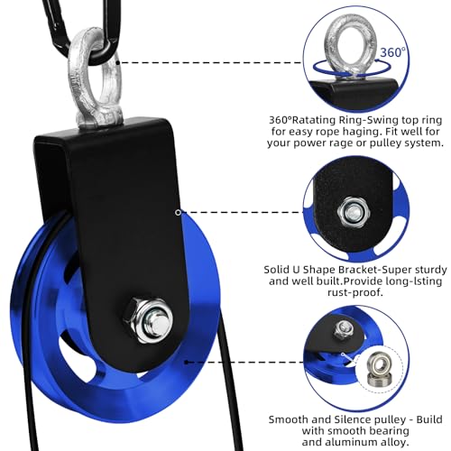 LFJ Aluminum Alloy Cable Pulley with Swing Strap Carabiner, 90mm Pulley Wheel for LAT System DIY Pull Down Attachment,Ladder Lift,Home Gym Equipment (Aluminum Alloy, Blue)