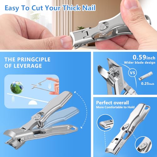 Nail Clippers for Men Thick Nails,INXEN Wide Jaw Opening No Splash Fingernail Clipper with Catcher,German Toe Nail Clippers for Thick Nails for Seniors, Stainless Steel Nail Cutter for Adult - style: Silver