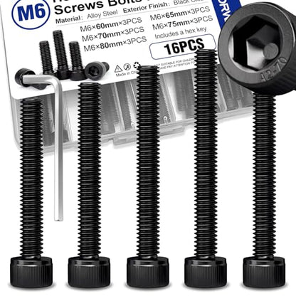 15PCS M6 Hex Socket Head Screws Assortment, 60-80mm | Includes 10mm, 16mm, 20mm, 25mm, 30mm, 35mm, 40mm, 45mm, 50mm, 55mm, 60mm, 65mm, 70mm, 75mm and 80mm lengths, Full thread - style: 15 PCS M6 × 60mm / 65mm / 70mm / 75mm / 80mm Black 304 Stainless Steel