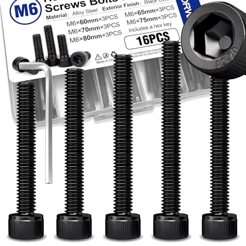 15PCS M6 Hex Socket Head Screws Assortment, 60-80mm | Includes 10mm, 16mm, 20mm, 25mm, 30mm, 35mm, 40mm, 45mm, 50mm, 55mm, 60mm, 65mm, 70mm, 75mm and 80mm lengths, Full thread - style: 15 PCS M6 × 60mm / 65mm / 70mm / 75mm / 80mm Black 304 Stainless Steel
