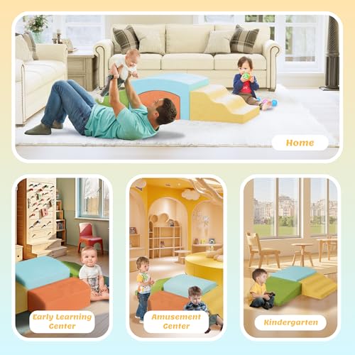 4-Piece Toddler Climbing Toys Indoor, Baby Climbing Blocks with a Tunnel, Soft Foam Play Climber for Toddlers, Play Gym Climber Structures for Toddler 1-3, Kids Climb and Crawl Set