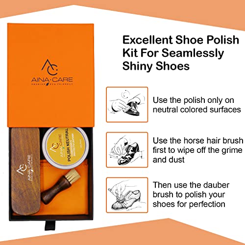 Aina Care Premium I Shoe Care Kit Cream Neutral - Shoe Polish for Leather, Suede & Nubuck Shoes - Shoe Shine Kit (1 Dauber Brush, 1 Horsehair Brush, 1 Microfiber Cloth), 1.69 oz, Transparent