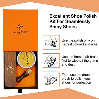 Aina Care Premium I Shoe Care Kit Cream Neutral - Shoe Polish for Leather, Suede & Nubuck Shoes - Shoe Shine Kit (1 Dauber Brush, 1 Horsehair Brush, 1 Microfiber Cloth), 1.69 oz, Transparent