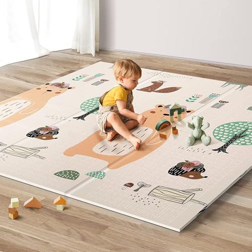 UANLAUO Foldable Baby Play Mat, Extra Large Waterproof Activity Playmats for Babies,Toddlers, Infants, Play & Tummy Time, Foam Baby Mat for Floor with Travel Bag (Bear(59x59x0.4inch)) - color: Bear, size: 59X59X0.4 Inch