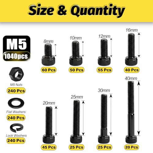 Kadrick M5 Screws Kit 1040PCS,M5x8mm-40mm Bolts with Nuts, Washers & Hex Wrench, Optimized Size Distribution, Class 12.9 Socket Head Cap M5 Screws, Black Zinc Plated, for Mechanical, Repair & DIY - size: M5 1040Pcs New