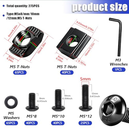 Taiss 275PCS M5 T-Nuts and Bolts Kit for 2020 Aluminum Extrusion Hardware,T Sliding Nut,T-Slot Nut,M5x8/10/12mm Hexagon Socket Screws and Washers with Hex Wrench - size: 275PCS M5 T-Nuts Screw Kit