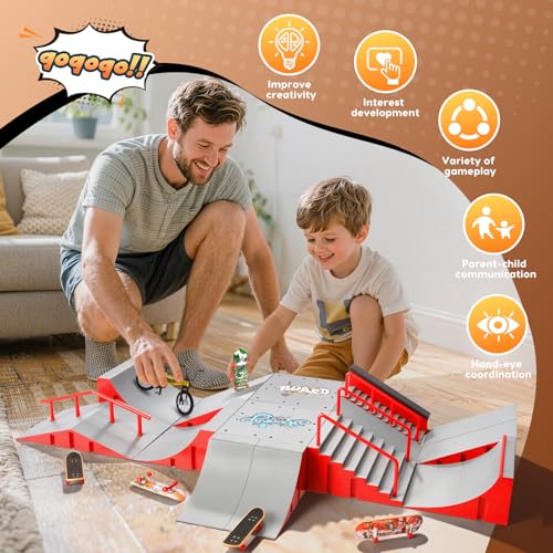 14-in-1 Fingerboard Skatepark Set with 8 Finger Skateboards and Finger Bike | Modular fingerboard skatepark, Multiple layouts, Smooth-edge ABS ramps, Half pipe and rails, Fits most standard fingerboards - color: 14in1-red
