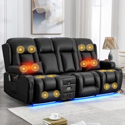 IPKIG Power Recliner Sofa with Flip-Up Backrest Console, USB & USB-C Ports, AC Outlet, LED Lights, Wall Hugger Recliners for Living Room, RV (Black, 89" - 4 Seat) - color: Black, size: 89" - 4 Seat