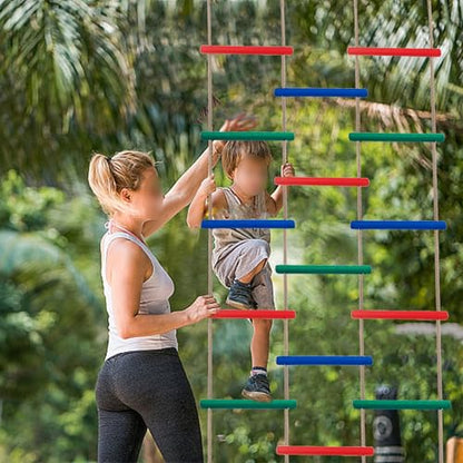 Innovative Rainbow Kids' Wooden Rope Ladder - 3/4/5-Group Connectivity, 14-Inch Wide, Ideal Ninja Warrior Accessory for Tree, Swing & Play (Set1: 3-Interlinked Natural Wood Ladders)
