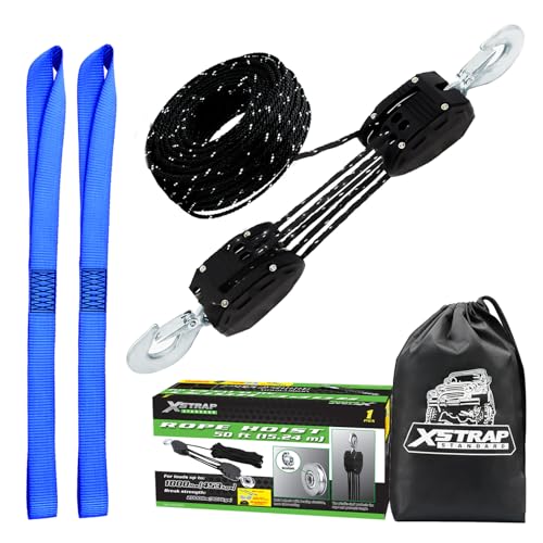 XSTRAP 5:1 Block&Tackle Pulley System Rope Hoist, 50 Ft, 2000 LBS Black | Heavy-Duty 2000 LBS Breaking Strength with 2PK Soft Loops, Pulley Hoist bearing metal wheels for Lifting Heavy Objects - color: Upgraded Reflective Black
