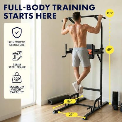 SQUATZ Power Tower Pull Up Station with Free Standing Pull Up Bar, Multi-Grip Workout Frame with 6 Adjustable Heights, H-Base Stability, Steel Construction, 330 lb Capacity for Home Gym, Black